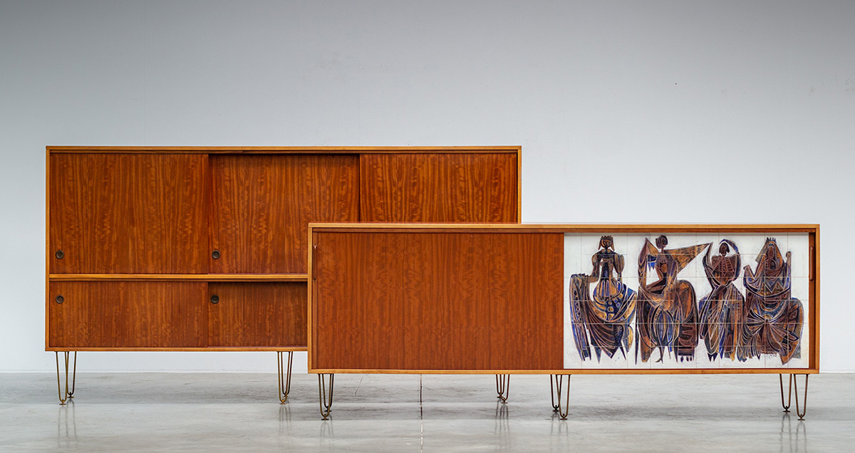 Large sideboard model nr. 308 designed by Alfred Hendrickx for Belform with sliding door in Unique Ceramic illustration by Willy Meysmans.