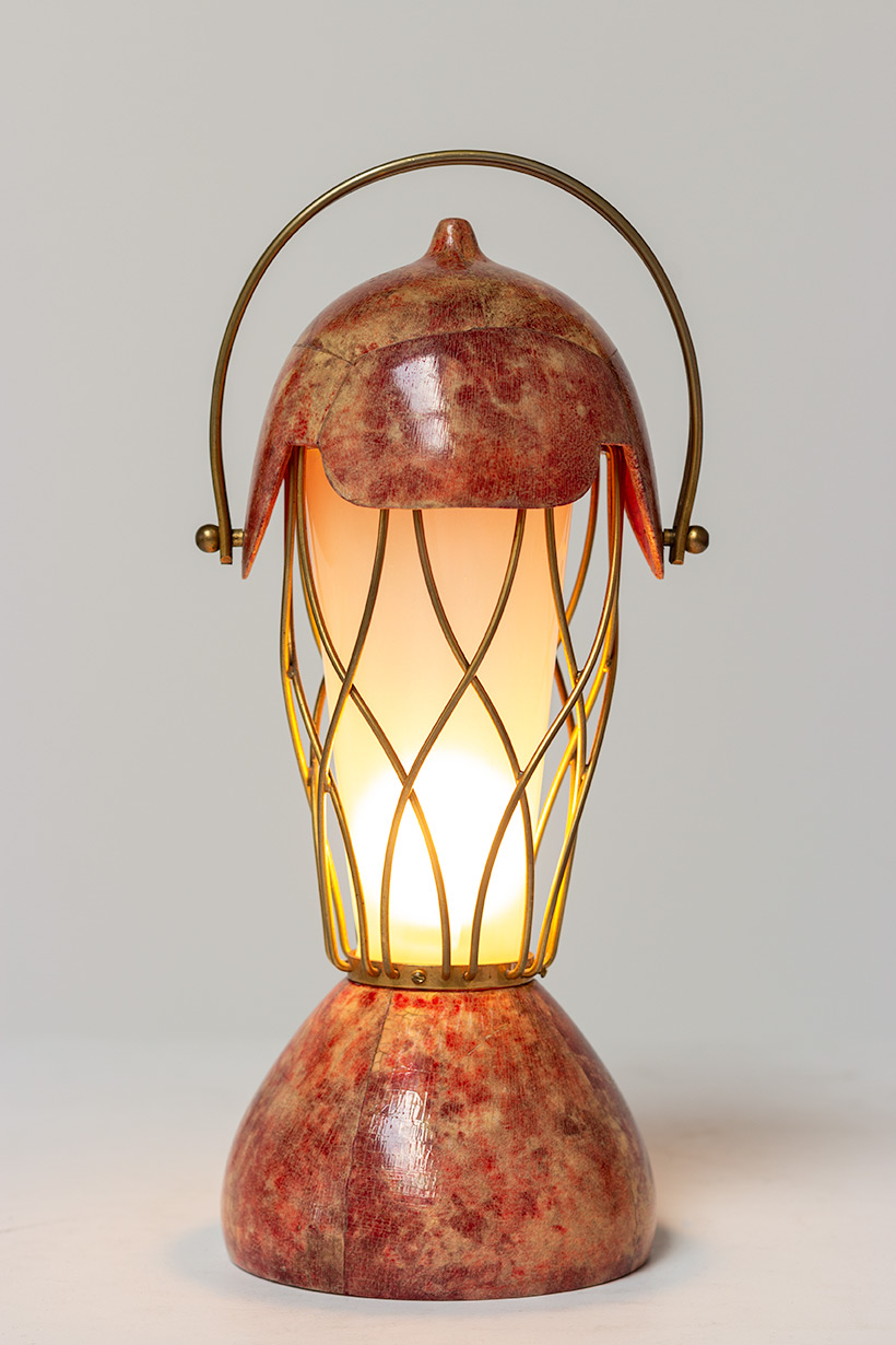 Aldo Tura parchment goatskin table lamp with brass cage 1950s img 3