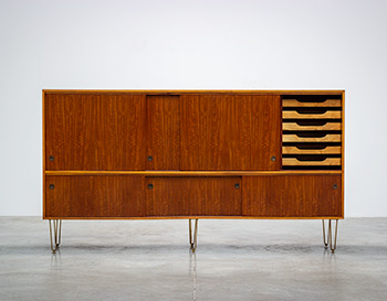 Alfred Hendrickx 1950 Bubinga wooden sideboard with brass hairpin legs