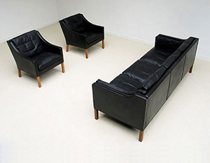 Borge Mogensen black leather 3 seater and 2 armchairs