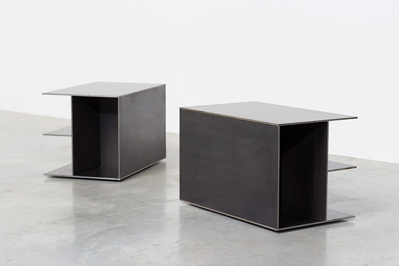 Claire Bataille pair plain steel side tables circa 1985 img 3