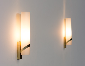 Pair of Italian opaline cylinder and brass sconces wall lights
