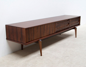 Rosewood Ultra low V-form Paola sideboard designed by Oswald Vermaercke