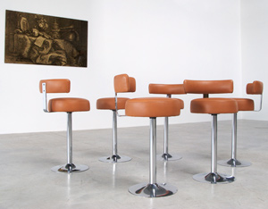 Set of 6 Chrome Bar Stools in Cognac Leather