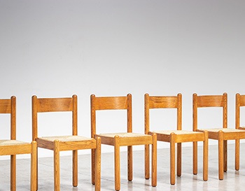 Set of six French mid century wooden chairs with rush seats 1970 Set of six French mid century wooden chairs with rush seats 1970