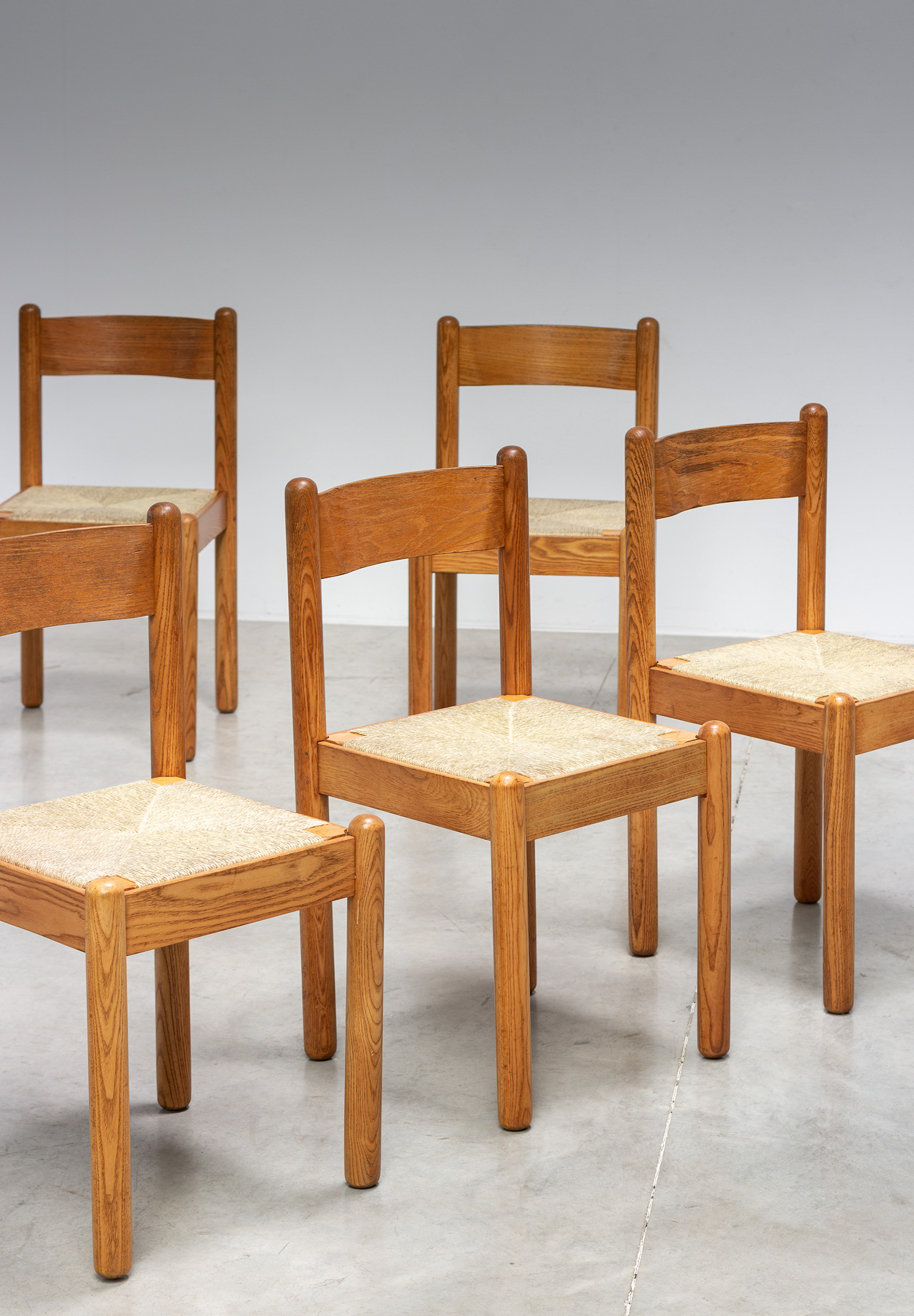 Set of six mid century wooden chairs with rush seats 1970