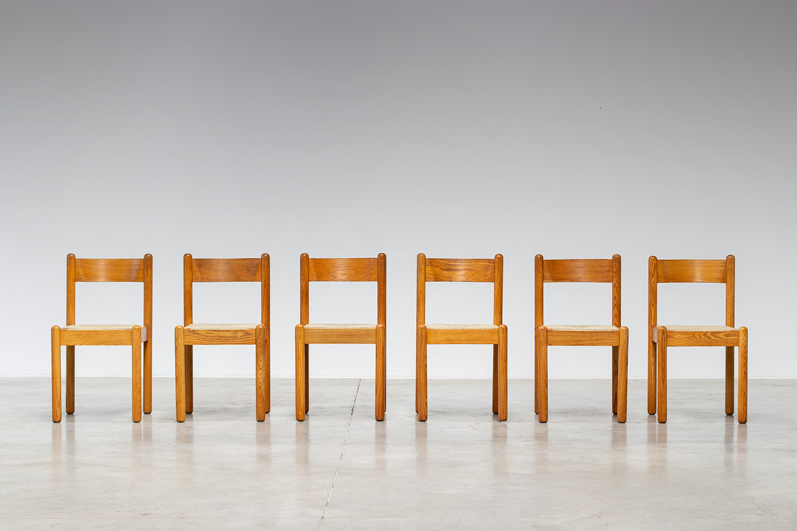 Set of six mid century wooden chairs with rush seats 1970 img 3