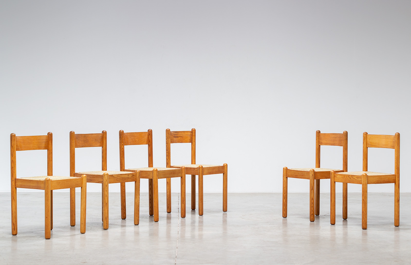 Set of six mid century wooden chairs with rush seats 1970 img 6