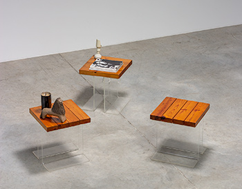 Set of three plexiglas and Elm wood side tables France 1970