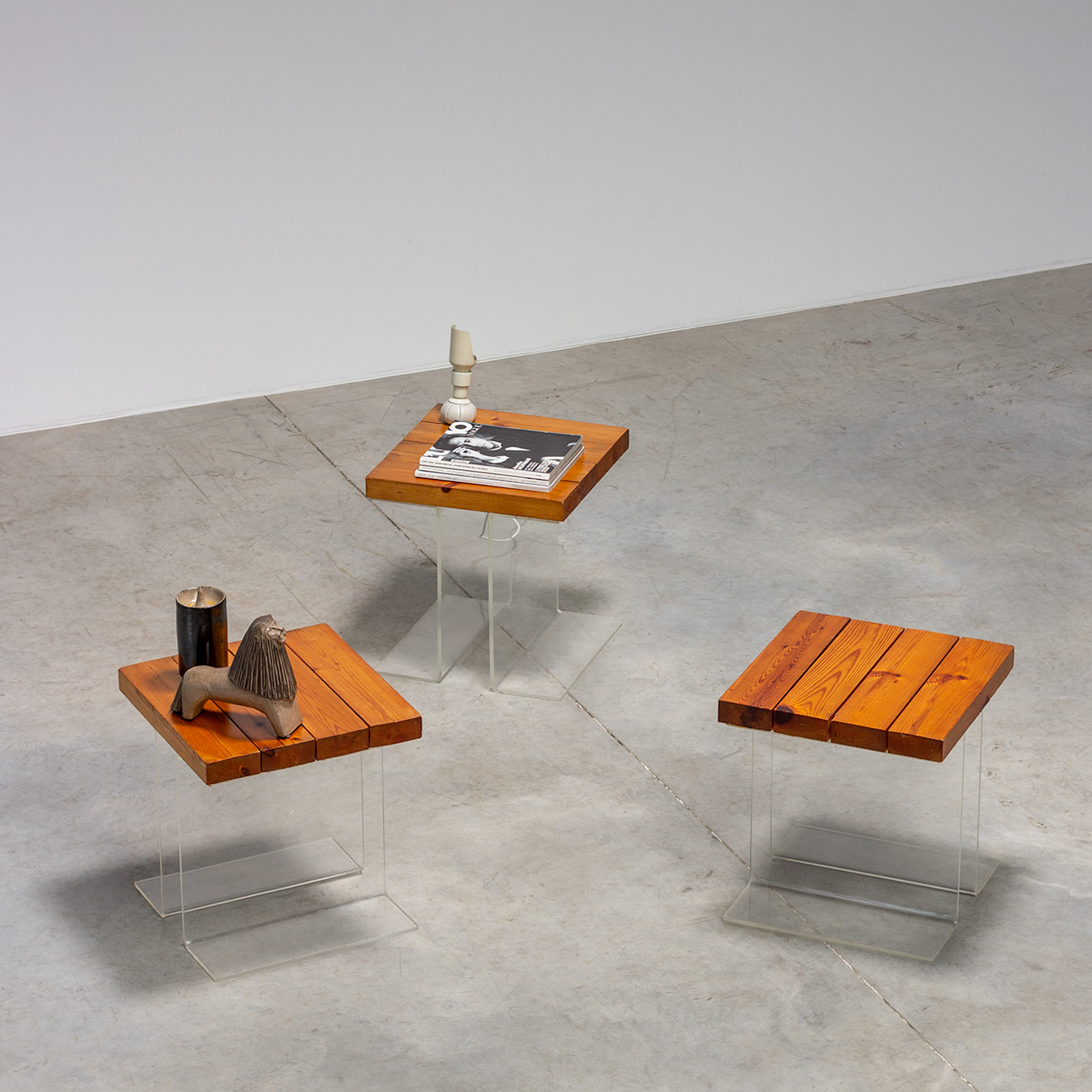Set of three plexiglas and Elm wood side tables France 1970