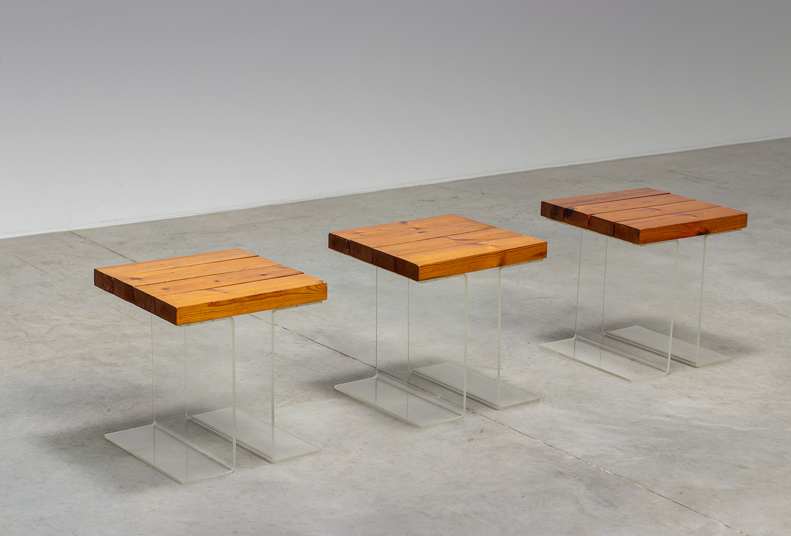 Set of three plexiglas and Elm wood side tables France 1970 img 3