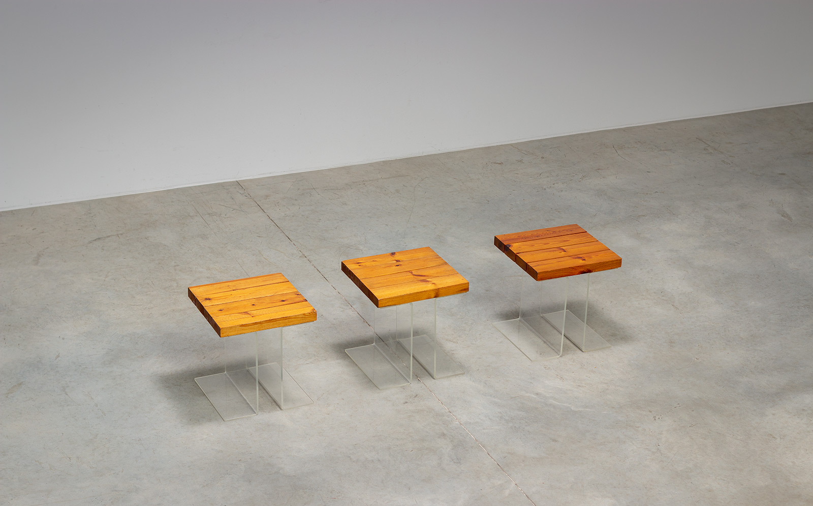 Set of three plexiglas and Elm wood side tables France 1970 img 4