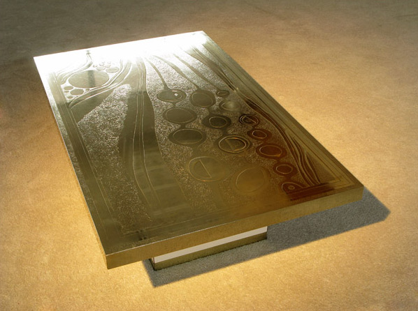 Signed Luigi etched brass coffee table